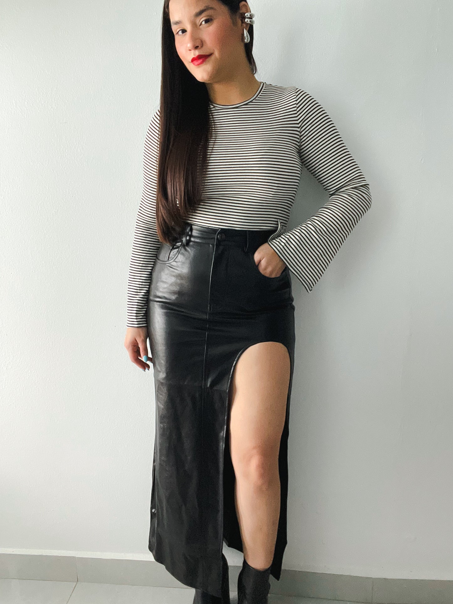 “Leather Maxi Slit Skirt”