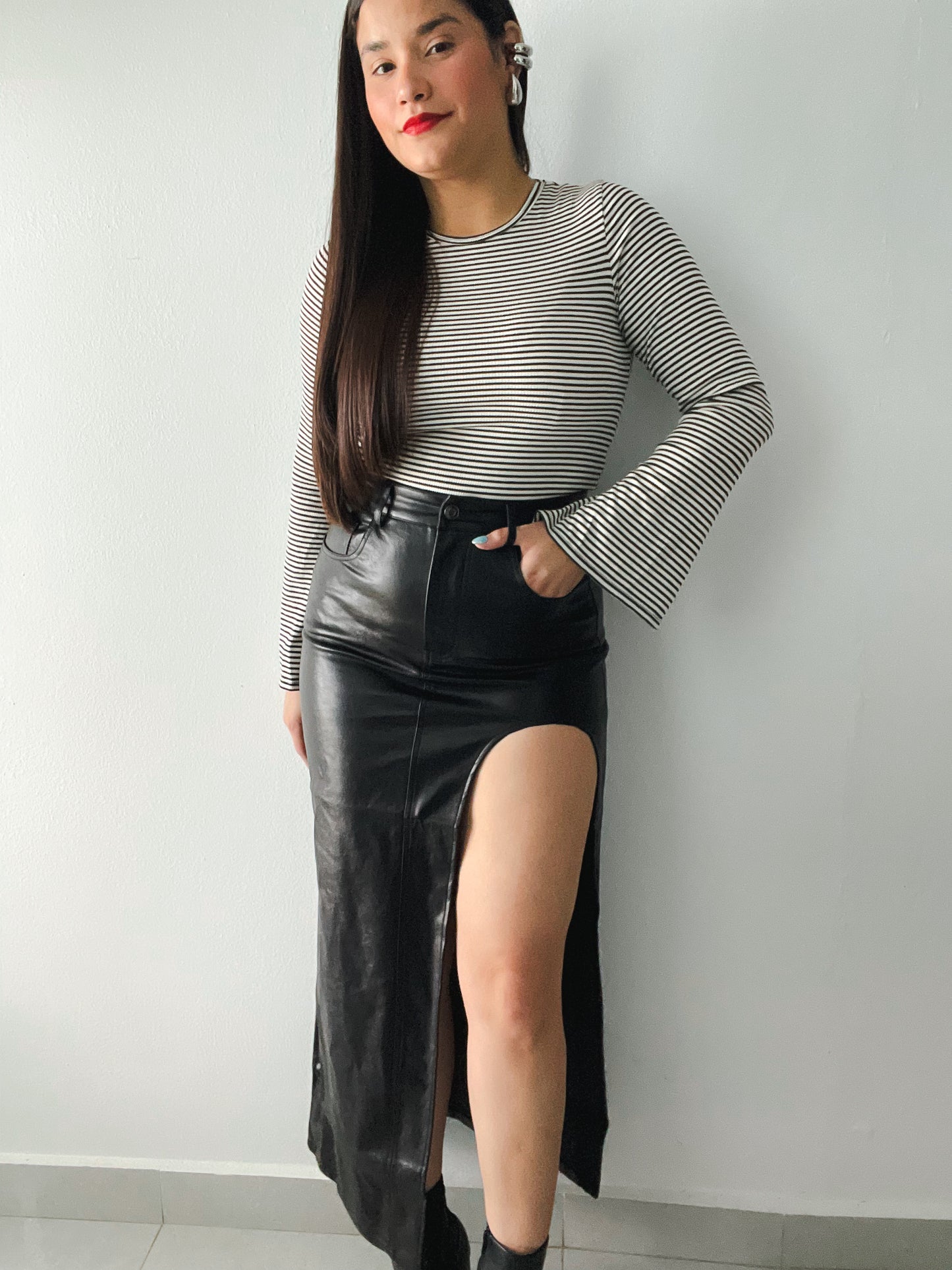 “Leather Maxi Slit Skirt”