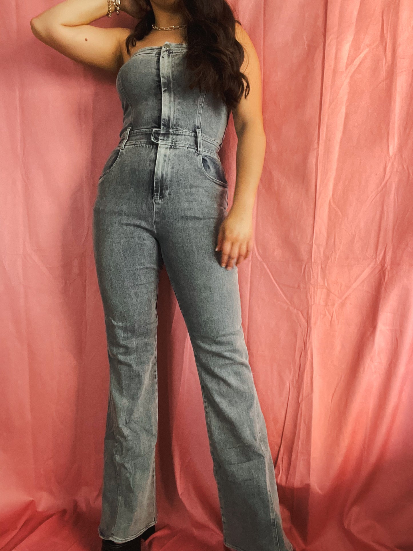 “Flare Denim Jumpsuit”